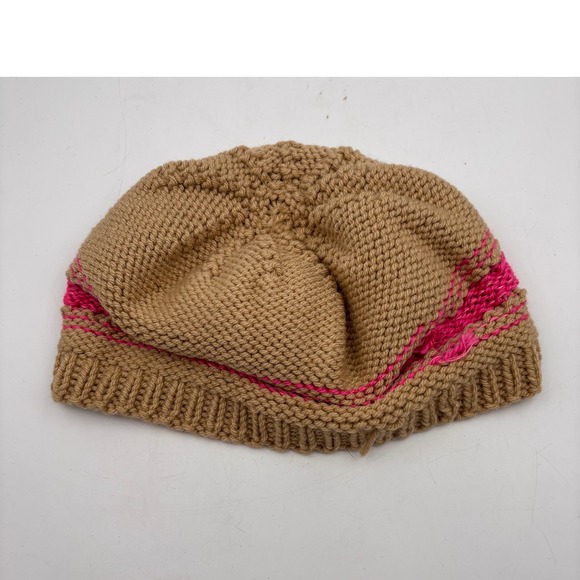 Womens Knit Beanie Hat Tan Pink Striped Cozy Winter Warm - Picture 4 of 4